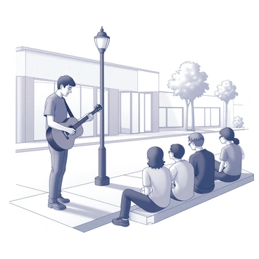A street musician is standing on a sidewalk, playing an acoustic guitar. The musician is wearing a casual outfit, consisting of a simple t-shirt and jeans. A small crowd has gathered around, with a few people leaning against a nearby lamp post and others sitting on the edge of a curb, all listening attentively. The expressions on their faces reflect enjoyment and engagement with the music. In the background, there are shopfronts and trees lining the street, contributing to the urban atmosphere.