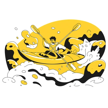 An adventurer wearing a yellow life jacket is sitting in a kayak, paddling fiercely through white-capped river rapids. The adventurer has short, tousled hair and is focused on the turbulent water ahead. The kayak is bright and sleek, cutting through the waves. Surrounding the kayak are splashes of water rising high as the current rushes past, and rocks can be seen jutting out of the water. The scene conveys the intensity of navigating the fast-moving river.