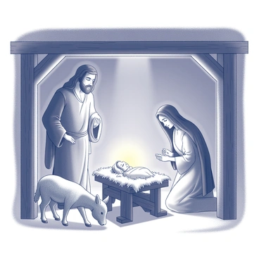 A stable interior during the night. In the center, there is a manger made of wooden beams, containing the newborn "Jesus" wrapped in simple cloth. To the right, "Mary" is kneeling beside the manger, her expression tender as she gazes at her child. To the left, "Joseph" stands protectively, looking over the scene with a gentle demeanor. Various animals are present, including a donkey and a sheep, curiously approaching the manger. The stable's wooden beams create a rustic atmosphere, and there is a hint of straw on the ground. The soft glow surrounding the manger adds a sense of warmth to the peaceful setting.