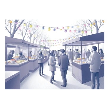 A bustling scene at a seasonal festival in Paris. Colorful decorations adorn the area, hanging from trees and strung between stalls. Food stalls are set up, showcasing an array of culinary delights, with various dishes displayed enticingly to passersby. Groups of joyful participants are gathered, some laughing and chatting, while others enjoy their food. The atmosphere is lively, with people of different ages and backgrounds enjoying the festivities, creating a sense of community and celebration.