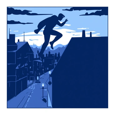 A thief dressed in dark clothing is leaping gracefully from one rooftop to another in a bustling cityscape at dusk. The sky is painted in deep shades as the sun sets, creating a transition from light to dark. The rooftops are lined with various architectural elements, including antennas and chimneys. Below, the streets are bustling with the faint glow of streetlights illuminating the sidewalks. Shadows of the buildings stretch across the rooftops, adding to the thrill of the escape. The thief's expression reflects determination and urgency as they navigate the heights.