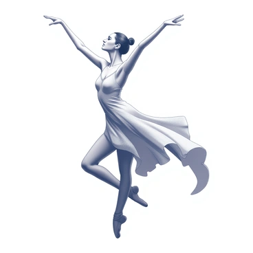 A dancer is captured in dynamic motion, with one leg extended gracefully while the other supports their weight. The dancer is wearing a flowing dress characterized by intricate folds and layers, which cascade around them as they move. The fabric appears to ripple and sway, enhancing the sense of fluidity in the pose. The dancer's arms are raised, contributing to the overall feeling of grace and rhythm. The scene conveys the power of the dancer's movement, emphasizing the connection between the body and the dress in harmony.