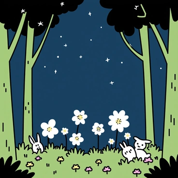 A dense forest filled with tall trees, their trunks covered in green moss. The ground is adorned with a carpet of soft ferns and small flowers. "Moonflowers" bloom, their large white petals glowing softly in the dark, casting gentle light around them. The sky above is a deep navy blue with scattered stars. The leaves of the trees rustle slightly, and faint shadows dance on the forest floor. Small creatures, like rabbits and owls, can be seen peeking through the underbrush, drawn to the light of the moonflowers.