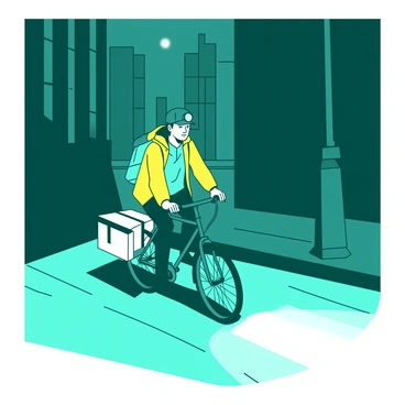 A teal courier wearing a bright yellow jacket is riding a bicycle through dark city streets. The courier has a headlamp illuminating the path ahead, casting a bright light on the pavement. Tall buildings loom on either side, their windows dark and unlit. The courier is focused on navigating the winding roads, with a small white package securely strapped to the back of the bicycle. The streetlights flicker occasionally, contrasting with the steady beam of the headlamp.