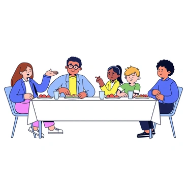 A rectangular dinner table is set with a white tablecloth. There are four family members seated around the table. On one side, a woman with long brown hair gestures with her hands as she makes a point. Next to her, a man with glasses leans forward, listening intently. On the opposite side, a teenage girl with short hair raises her eyebrow, waiting for her turn to speak, while a young boy with curly hair sits quietly, observing the discussion. Plates of food and glasses of water are placed in front of each person, creating a lively atmosphere.