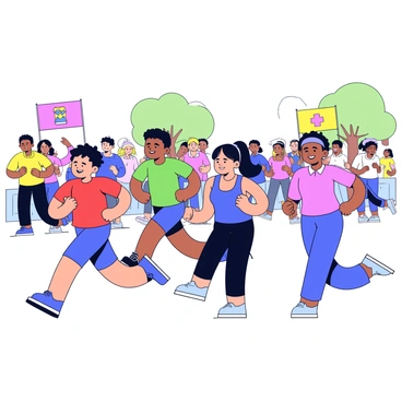 A diverse group of participants of various ages is running in a charity marathon organized by a company. In the foreground, a young boy wearing a bright red t-shirt and shorts is smiling as he sprints forward. Next to him, a teenage girl with her hair tied back is focused, wearing a blue tank top and black leggings. An adult man with a beard, dressed in a green shirt and comfortable shorts, runs alongside a senior woman in a pink shirt and capri pants. Their expressions are determined, and they are surrounded by a cheering crowd holding colorful banners. There are occasional trees lining the path in the background, adding to the vibrant atmosphere of the event.