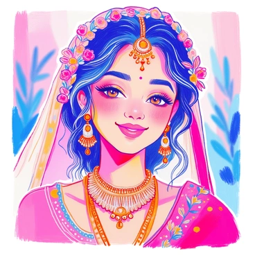 A close-up portrait features a modern Indian bride with glowing skin and sparkling eyes. She is smiling softly, showcasing her happiness. Her hair is beautifully styled, adorned with intricate floral embellishments. A delicate veil cascades over her shoulders, partially framing her face. The bride's makeup is elegantly done, highlighting her features with a subtle touch. She wears traditional jewelry, including a statement necklace and earrings, which add to her radiant appearance. The background is softly blurred, focusing on the bride's joyful expression.