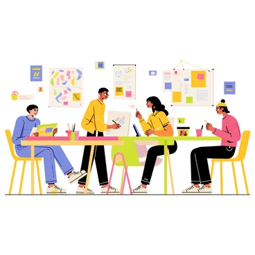 A group of five interns at an illustration agency is engaged in a variety of creative activities. Each intern is working at a colorful desk, surrounded by art supplies like colored pencils, markers, and sketchbooks. One intern is drawing on a large sketchpad, focused on their artwork, while another is painting with watercolors. A third intern is using a tablet, creating digital illustrations, and a fourth is brainstorming ideas with sticky notes spread across their workspace. The fifth intern is collaborating with others, discussing their projects enthusiastically. Brightly colored posters and inspirational artwork adorn the walls, creating a lively and motivating atmosphere.