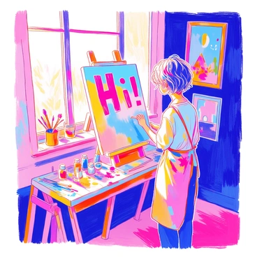 An artist is standing in a bright, sunny studio, focused on painting the word "Hi!" in vibrant colors on a large canvas. The artist has short, messy hair and is wearing a paint-stained apron. Various paint tubes and brushes are scattered across a wooden table beside the canvas. Sunlight streams in through large windows, illuminating the canvas and making the colors pop. On the walls of the studio, there are several other colorful artworks on display.