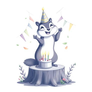 A chipmunk is sitting on a tree stump. The chipmunk has its paws raised in excitement, surrounded by colorful birthday decorations. In front of the chipmunk, there is a small cake with lit candles on top, adorned with berries. The tree stump has bark texture visible, while nearby, there are scattered leaves and small flowers, enhancing the woodland setting.