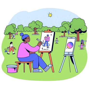 An artist is painting on a canvas placed on an easel in a green park filled with trees and flowers. The artist is focused on their work, using a variety of colorful paint tubes and brushes scattered around them. Next to the easel, there is a smartphone mounted on another easel, displaying the artist's artwork. The smartphone screen shows a vibrant image of the painting, and the park is filled with a few visitors walking or relaxing on benches. The sun is shining, casting soft shadows on the ground.