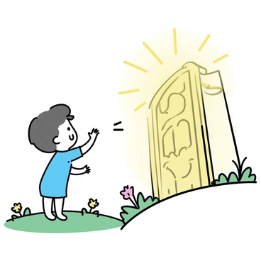 A baby, dressed in a light blue onesie, is standing on a gentle grassy hill. The child has a joyful expression, with wide eyes gazing up at a large, glowing ancient gate that towers above. The gate is intricately carved with symbols and patterns, radiating a soft golden light. Surrounding the gate are small, colorful flowers and lush greenery. The atmosphere is filled with a sense of wonder as the baby reaches out towards the gate, which seems to shimmer with magical energy.