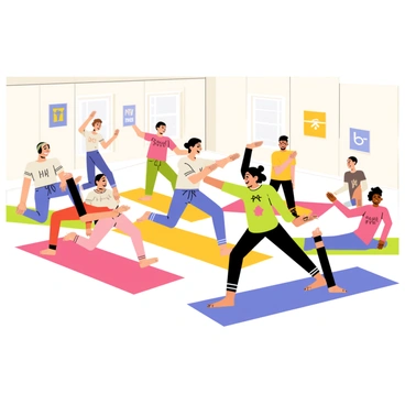 A fusion class featuring a diverse group of participants on colorful mats. Each participant is engaged in a different pose, showcasing a blend of dynamic aerobics movements and static yoga positions. The instructor, positioned at the front, demonstrates a pose with enthusiasm, wearing comfortable workout attire. The room is bright and inviting, with motivational posters on the walls. Some participants are smiling while others are focused, creating a lively atmosphere of energy and concentration.