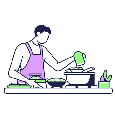 A chef with short hair is standing in a modern kitchen, wearing a white chef's jacket and an apron. The chef is closely observing a stove where a frying pan sizzles with food. On the counter beside the chef, there are several plates being arranged with colorful ingredients. A pot of boiling water can be seen in the background. Various kitchen utensils, such as a knife and cutting board, are neatly placed nearby. The chef has a focused expression while holding a spatula in one hand, ready to serve.