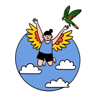 A person with light skin and short black hair is in the process of transforming into a bird while in mid-flight. The transformation is depicted with vibrant feathers emerging from their arms and back, gradually replacing their human form. The person is wearing a blue tank top and black shorts, with a look of determination on their face. Below them, a scenic background reveals a clear blue sky and fluffy white clouds, highlighting the sense of freedom in their transformation. The bird they are becoming is a colorful parrot, showcasing bright green, red, and yellow feathers as it soars through the air.