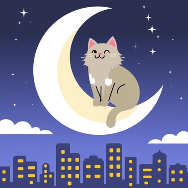 A fluffy gray cat with white patches is sitting comfortably on a large crescent moon. The cat gazes down intently at a city below, where buildings are softly illuminated by warm yellow lights. The moon has a gentle glow, and the night sky is dark blue, scattered with twinkling stars. Below, the silhouette of the sleeping city creates a peaceful scene, with a few clouds drifting by in the background.