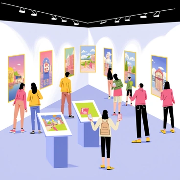 A museum exhibit showcasing "AI-generated anime art" hung on the walls inside a spacious gallery. The exhibit includes several large, colorful panels displaying various anime characters and scenes, all created with vibrant colors and detailed textures. In the center of the room, there are interactive displays featuring touchscreen tablets that allow visitors to explore the process of AI art generation. The exhibit is well-lit, with spotlights highlighting the art panels and creating an inviting atmosphere for viewers. Visitors of all ages are engaged, examining the artwork and interacting with the displays, creating a lively scene.