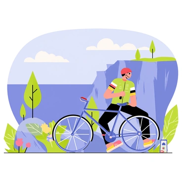 A cyclist wearing a bright red helmet and a colorful jersey sits on a rock, resting beside their bicycle. The bicycle is a sleek design with thin tires and a water bottle attached to the frame. The cyclist gazes out toward a vast cliff view, with rugged cliffs dropping sharply into a deep blue ocean below. Lush green trees and colorful wildflowers dot the cliffside, adding vibrant colors to the scene. A clear blue sky stretches overhead, with a few fluffy white clouds drifting by.