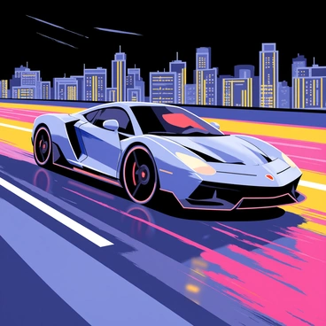 A sleek sports car driving down a neon-lit highway with colorful streaks of light