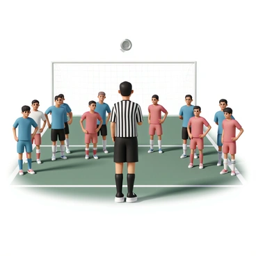 A referee, wearing a black and white striped shirt and black pants, is positioned at the center of the football field. He is in the act of tossing a shiny silver coin into the air. The coin is spinning upward, reflecting the sunlight. Surrounding him are players from both teams, wearing their respective jerseys; one team is in blue and the other in red. They are all eagerly watching the coin with focused expressions, some with hands on their hips, others leaning slightly forward in anticipation. The goalposts are visible in the background, and the grass of the field is a vibrant green.