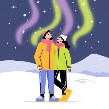 A couple standing together on a snowy landscape, wrapped in warm clothing. They are looking up at the sky, which is filled with vibrant "Northern Lights" in shades of green, purple, and blue. The snow around them sparkles under the light, creating a magical atmosphere. In the background, snow-covered hills rise softly against the night sky, adding depth to the scene. The couple is smiling, sharing a moment of wonder as they gaze at the colorful lights dancing overhead.