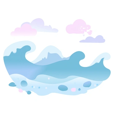 An ocean with waves gently rolling towards the shore. Each wave carries distinct ideas and symbols, represented by items such as a light bulb, a book, a heart, and a gear. The waves are depicted in varying shades of blue, blending with soft pastel colors. The shore is lined with smooth, soft sand, punctuated by small rocks, and the waves leave foam patterns as they break on the beach. The sky above features gradient pastel hues, transitioning from light pink to soft lavender, creating a tranquil atmosphere.