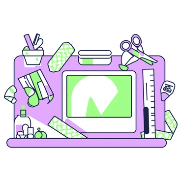 An illustration of a DIY craft table filled with tools and materials for creating a custom photo frame. The table is covered with various items including a pair of scissors, a roll of patterned washi tape, and a ruler lying horizontally. There is a stack of colored paper sheets arranged beside a small bottle of glue. A half-assembled photo frame is positioned in the center, with decorative elements like stickers and markers placed nearby. In the background, a small container holds assorted craft supplies such as buttons and ribbons.
