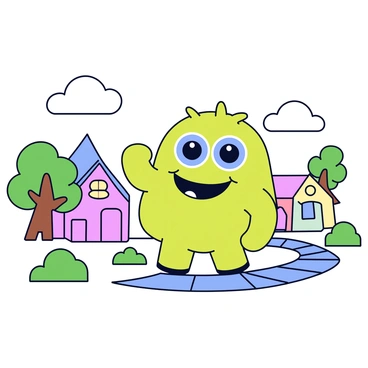 A colorful monster with soft, rounded features has a bright green body, large blue eyes, and a wide, friendly smile. Its arms are short and chubby, and one arm is raised as it waves hello. The whimsical town in the background features small, pastel-colored houses with triangular roofs and large windows. There are fluffy clouds in the sky, and a winding path made of stones leads through the town. Green trees with round canopies dot the landscape.