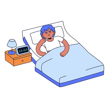 A person is peacefully sleeping on a bed with white sheets and a light blue blanket. Their face is relaxed, with closed eyes and a subtle smile. Beside the bed, on a wooden bedside table, is a digital heart rate monitor displaying a green heart rate graph on its screen. The bedside table also has a small lamp with a soft glow and a book resting on it.