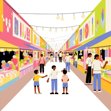 A vibrant anime market street filled with various colorful stalls. Each stall displays an array of items like fresh fruits, handmade crafts, and traditional snacks. Shoppers of diverse appearances browse the goods, some animatedly discussing their finds. A group of children is eagerly pointing at a stall selling bright, oversized plush toys. Nearby, a vendor is skillfully preparing food, surrounded by tempting aromas. Lanterns hang above the street, adding a warm glow to the lively atmosphere.