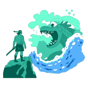 A teal warrior with a bandana is standing on a rocky cliff, holding a green sword as he faces a giant sea monster that is emerging from the blue ocean waves. The sea monster has large, menacing eyes and sharp teeth, with its body partially submerged in the water, showcasing its scaly skin. The waves crash around the monster, sending sprays of water into the air. The warrior's determined expression conveys focus and bravery as he prepares for battle against the formidable creature.