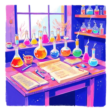 A detailed alchemy lab is filled with a variety of bubbling flasks in different shapes and sizes. Each flask contains colorful liquids that emit vibrant colors. An intricate wooden table is covered with scrolls filled with "mysterious formulas" written in elegant script. There are several glass beakers and mortars and pestles scattered around, showcasing various herbs and powders. A large, ancient book lies open, revealing "arcane symbols" and illustrations. Shelves lined with jars of unusual ingredients, such as dried plants and gemstones, fill the walls. A flickering candle provides warm light, casting shadows across the room.