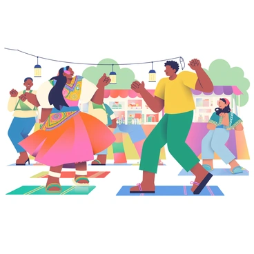 A group of tourists with diverse appearances is participating in a vibrant dance at a local cultural festival. One woman with long, flowing black hair is wearing a colorful, traditional dress adorned with patterns. A man with curly brown hair is in a bright shirt, matching the festive atmosphere. In the background, there are stalls with decorative fabrics and handmade crafts. The ground is covered with colorful rugs, and lanterns are hanging from nearby trees, adding to the lively ambiance. Everyone is smiling and engaging energetically with the rhythm of the music.