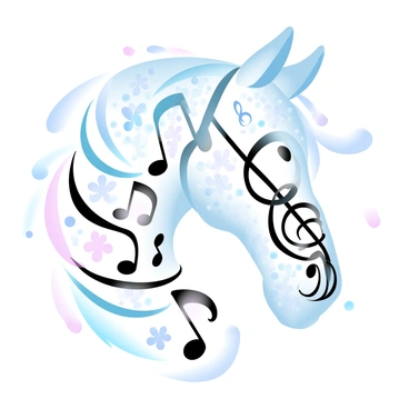 A horse head is formed by a multitude of intertwining musical notes and staffs. The notes vary in size and orientation, creating a dynamic texture across the horse's silhouette. The staffs curve gracefully to outline the shape of the horse's head, enhancing the overall composition. The background features a soft gradient of pastel colors, blending harmoniously to complement the design. The overall scene emphasizes the intricate relationship between music and the graceful form of the horse head.