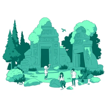 A teal ancient ruin features crumbling stone structures with intricate carvings and moss covering their surfaces. Surrounding the ruins, vibrant green foliage thrives with tall trees and various plants interspersed among the stones. Several curious tourists, dressed in light clothing, are exploring the area. Some are taking pictures, while others are examining the carvings closely. A few small birds can be seen fluttering around the scene, adding a sense of life to the historical surroundings.