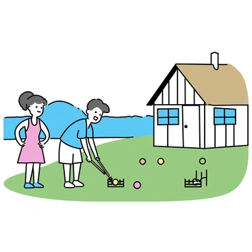 A green lawn in front of a cozy seaside cottage, with white wooden siding and a thatched roof. A croquet game is in progress, featuring two players dressed in casual summer attire. One player, wearing a light blue shirt and white shorts, is bending down to hit a croquet ball with a wooden mallet. The other player, dressed in a pink dress, stands with their hands on their hips, watching the game. Colorful croquet balls are scattered on the grass, along with wooden wickets. A background of blue skies and a glimpse of the ocean can be seen, enhancing the atmosphere of the scene.