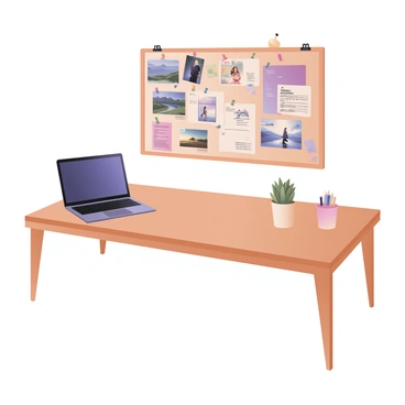 A colorful inspiration board filled with photos and ideas next to a laptop on a desk.