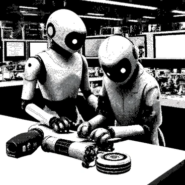 A friendly robot with a sleek metallic body and large expressive eyes is standing next to a character in a futuristic workshop. The character is wearing a jumpsuit with various tool pockets, focused on a complex gadget laid out on the workbench. The robot has a mechanical arm extended, gently assisting the character by holding a tool. The workshop is filled with advanced tools and computer screens displaying data. Bright lights illuminate various high-tech devices and components scattered around the space.