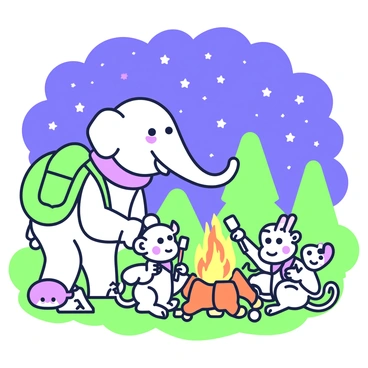 Babar, the elephant, is standing next to a campfire, holding a stick with a marshmallow at the end, toasting it over the flames. He is wearing a green backpack and a purple scarf. Surrounding him are several friends, including a small monkey and a rabbit, who are also engaged in roasting marshmallows. The campfire emits a warm glow, illuminating their smiling faces. Above them, a starry night sky is visible, filled with numerous stars twinkling brightly. A few trees can be seen in the background, framing the scene.