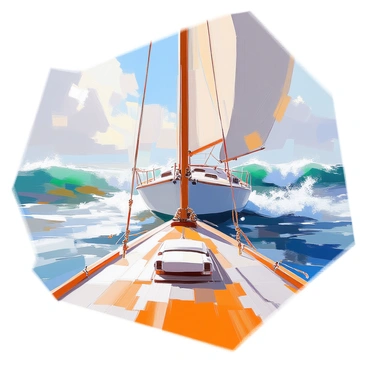 A sailing boat is anchored, its wooden deck visible in the foreground. The perspective is from the deck, looking out towards the horizon where waves are crashing forcefully against the hull. The sea is a deep blue, with white frothy crests forming as the waves rise and fall. The sky above is filled with scattered clouds, and the sun is casting bright reflections on the water. The boat's sails are furled, and some ropes are coiled neatly on the deck. In the distance, a few more waves can be seen rolling towards the shore, emphasizing the movement and power of the ocean.