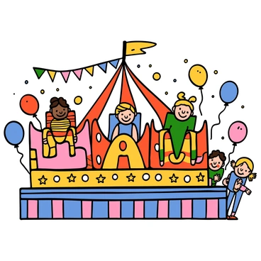 A vibrant carnival ride with bright colors and exciting details. The ride features seats arranged in the shape of an expanded number, creating a whimsical and playful appearance. Each seat is designed with a different pattern, including stripes, polka dots, and stars. The ride is surrounded by cheerful decorations, such as balloons and banners. In the background, there are smiling children and families enjoying the carnival atmosphere, with the sun shining brightly overhead.