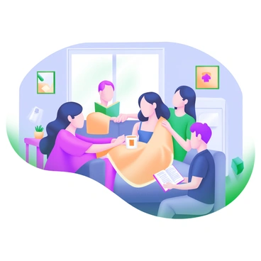 A cozy living room setting where a supportive family is gathered around a family member who is recovering from a breast abscess. The family member is sitting on a comfortable couch, wrapped in a soft blanket while holding a warm cup of tea. Two family members are gently placing their hands on her shoulders, showing affection and encouragement. There is a third family member sitting nearby, reading a book aloud to create a comforting atmosphere. The room is filled with light, and a few personal mementos and photographs are displayed on the walls, contributing to a warm and inviting environment.