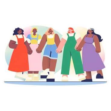 A group of five diverse women is standing in a circle, holding hands. Each woman has a distinct appearance: one has curly black hair and brown skin, wearing a vibrant red dress; another has straight blonde hair and fair skin, dressed in a blue blouse and white skirt; a third woman has wavy brown hair and medium skin, adorned in a yellow top and denim jeans; the fourth has short, curly red hair and pale skin, wearing a green jumpsuit; and the last woman has long, straight dark hair and olive skin, dressed in a purple sundress. They are smiling, conveying a sense of happiness and camaraderie. In the background, there are soft pastel colors blending together, enhancing the feeling of unity and celebration.