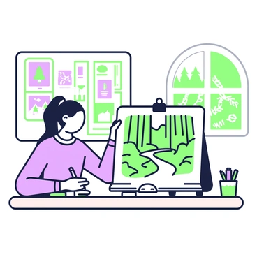 A person is sitting at a wooden table in a well-lit room, drawing a detailed illustration of a forest scene for a nature-focused course assignment. The person has long hair tied back and is wearing a comfortable sweater. On the table, there are various drawing materials, including green and purple sketch pencils and an open sketchbook showing a partially completed drawing of tall trees, underbrush, and a small stream. In the background, a bulletin board displays notes and photos of different forest species, while a window reveals a glimpse of actual trees outside, complementing the theme of the assignment.