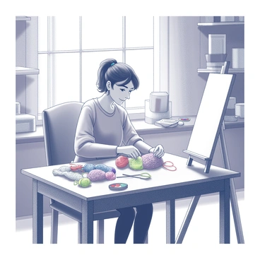 Marie is seated at a wooden table in a bright craft room. In front of her, there is a half-finished knitting project with colorful yarn scattered around. Her hands are actively working on the knitting needles. To her right, a canvas stands on an easel, with a palette of paints nearby. The room is filled with natural light streaming through a large window, illuminating the various crafting supplies organized on shelves around her. A comfortable chair is positioned near the table, creating a cozy atmosphere for her creative activities.