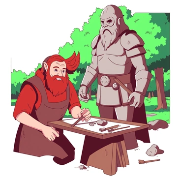 A red dwarf artisan with a thick beard is meticulously sculpting a large stone statue in an open-air workshop. The dwarf is wearing a brown apron, and his hands are covered in bits of stone dust. Around him, various sculpting tools are scattered on a wooden workbench. The stone statue, taking the shape of a heroic figure, is partially finished, showcasing intricate details on the face and armor. In the background, a vibrant green forest can be seen, with sunlight filtering through the leaves, casting playful shadows on the ground.