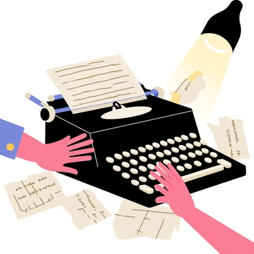 A close-up view of hands with slender fingers typing rapidly on a vintage typewriter with a glossy black finish. The typewriter has shiny metal keys that reflect light. Papers are shooting out of the typewriter, some crumpled and some neatly stacked, creating a dynamic sense of motion. The surrounding area is filled with scattered sheets of white and light beige paper, some with handwritten text visible. A soft glow from a desk lamp highlights the scene, emphasizing the excitement of creativity in action.