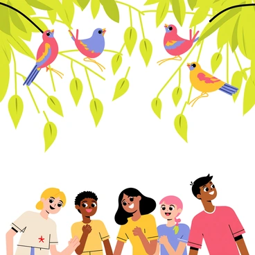 A group of colorful birds perched on vibrant green branches, each bird displaying bright feathers in shades of red, blue, yellow, and green. The birds are in various playful poses, appearing to dance joyfully among the leaves. Below the branches, a diverse group of children with wide smiles watch in delight, their eyes sparkling with excitement. The children are dressed in casual summer clothing, and their expressions reflect pure joy as they observe the lively scene above. Sunlight filters through the leaves, casting playful shadows on the ground.