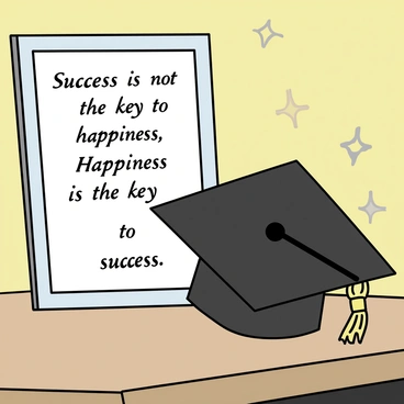 A graduation cap placed on a desk next to a framed quote about success