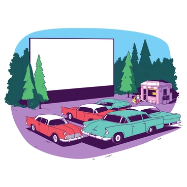 A nostalgic drive-in theater featuring a large white screen illuminated against the night sky. Rows of classic cars in varying colors, including red and teal, are parked in front of the screen. The cars have distinct vintage designs, with shiny chrome bumpers and tail fins. Surrounding the theater are tall green trees, and the ground is covered with a mixture of asphalt and grass. Soft lights from the theater's concession stand cast a warm glow in the scene, while a few families can be seen enjoying snacks next to their cars.